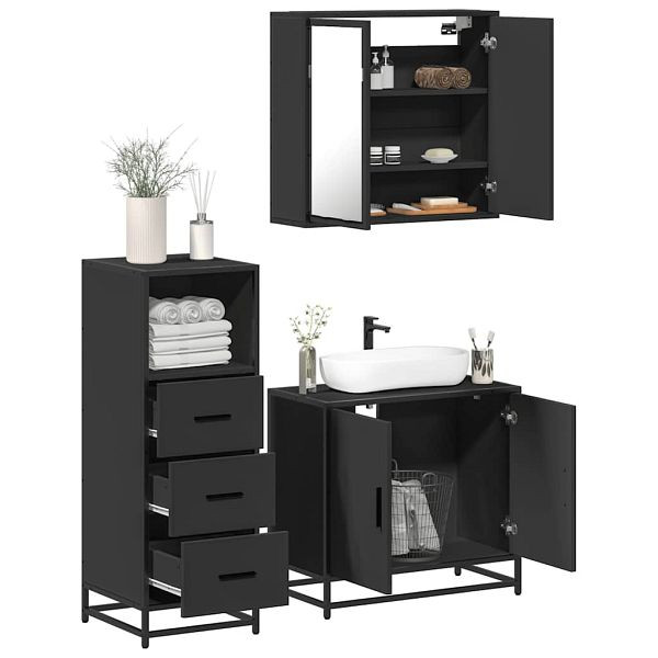 vidaXL 3-tlg. Badmöbel-Set Schwarz Holzwerkstoff, 3301005