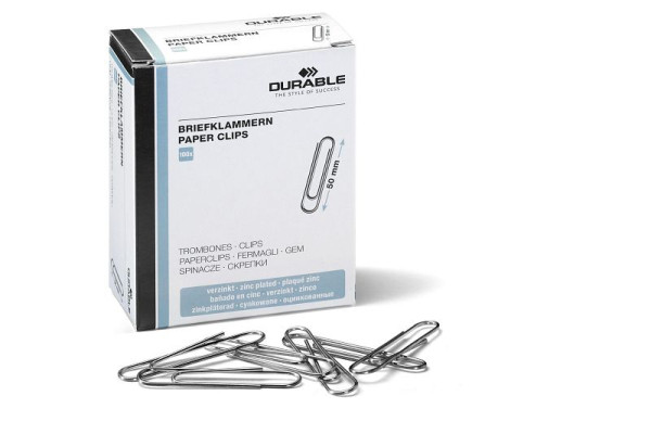 DURABLE Briefklammer, 50 mm, Metall, verzinkt, Schachtel mit 100 Stück, 1224 25