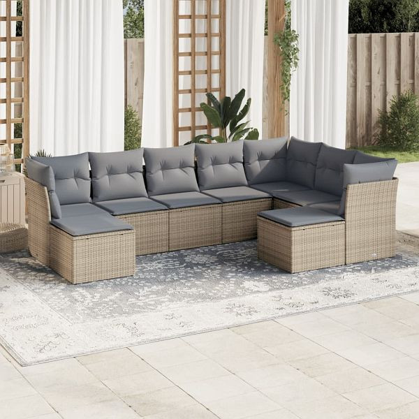 vidaXL 9-tlg. Garten-Sofagarnitur mit Kissen Beige Poly Rattan, 3218569