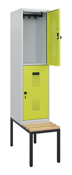 C+P Doppelstöckiger Spind Evolo PLUS, Bank, 2 Fächer, 1950x400x815mm, 7035/0024, Drehriegel, Sitzfläche Buche-Hartholz, Sitzbank, 0493505-12 S10015