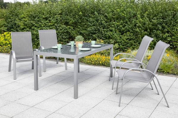Merxx Amalfi Set 5-teilig, 4 Amalfi Stapelsessel, 1 Tisch 150 x 90 cm, graue Glasplatte, silber/diamantbraun, 50342-330