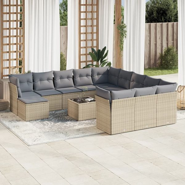 vidaXL 13-teilig Garten-Sofagarnitur mit Kissen Beige Poly Rattan, 3250478