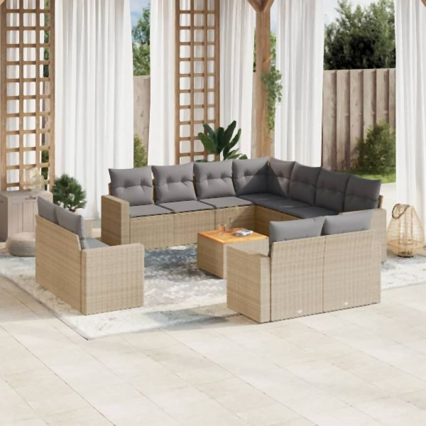 vidaXL 12-tlg. Garten-Sofagarnitur mit Kissen Beige Poly Rattan, 3256717