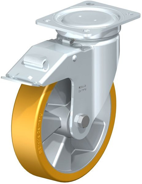 Blickle LU-ALTH 200K-FI Stahlblech-Lenkrolle, schwere, geschlossene Ausführung, mit Anschraubplatte & Feststeller, Blickle Extrathane®, Hellbraun, 759175