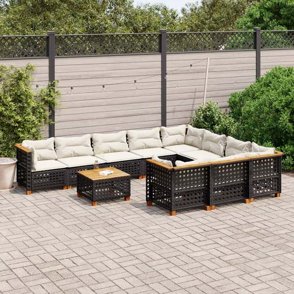 vidaXL 11-tlg. Garten-Sofagarnitur mit Kissen Schwarz Poly Rattan, UV-beständig, 3262040