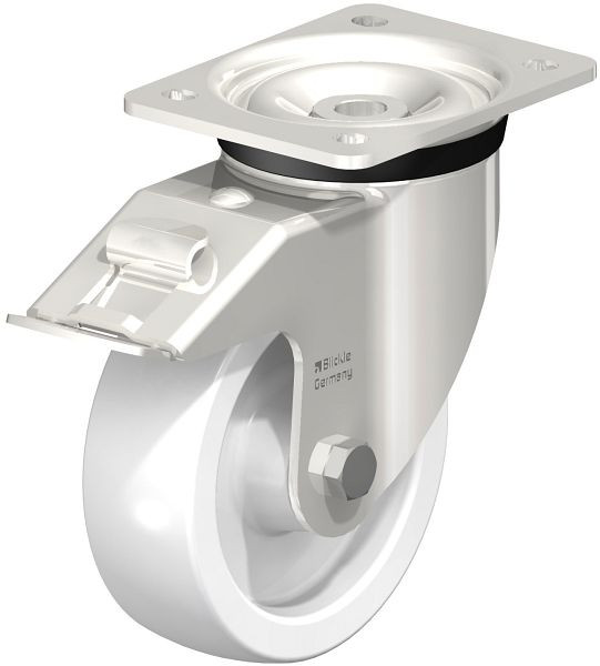 Blickle LKX-SPO 150G-FI Edelstahl-Schwerlast-Lenkrolle mit Anschraubplatte & Feststeller, Polyamid, Weiß, 620351