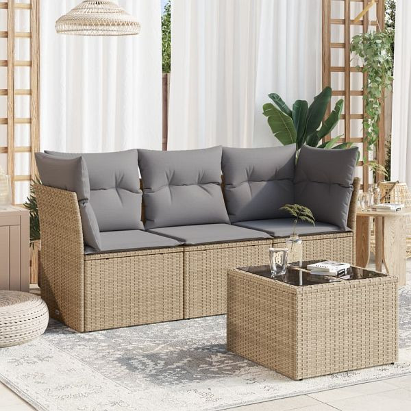 vidaXL 4-tlg. Garten-Sofagarnitur mit Kissen Beige Poly Rattan, 3217219