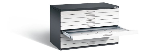 C+P Flachablageschrank Serie 7100_7200, H760xB1100xT765mm, Farbe: Schwarzgrau / Verkehrsweiß, Bügelgriff, 7101-000 S10355