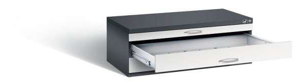 C+P Flachablageschrank Serie 7100_7200, H420xB1100xT765mm, Farbe: Schwarzgrau / Lichtgrau, Bügelgriff, 7100-100 S10085