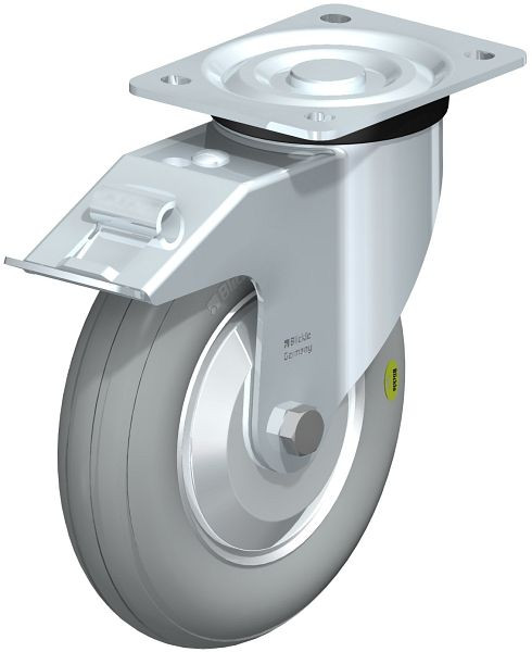 Blickle L-VW 202R-FI-SG-FA Stahlblech-Lenkrolle, mittelschwere Ausführung, mit Anschraubplatte & Feststeller, Weichgummi, Grau, 849920