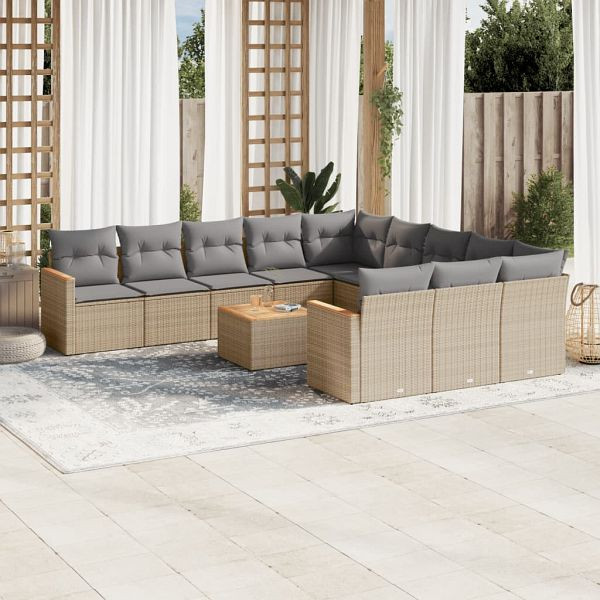 vidaXL 12-teilig Garten-Sofagarnitur mit Kissen Beige Poly Rattan, 3226437