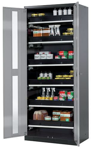 asecos Chemikalienschrank Systema-T CS-86G, Korpus anthrazit, Flügeltüren silber, 6 Tablarauszüge, 209048