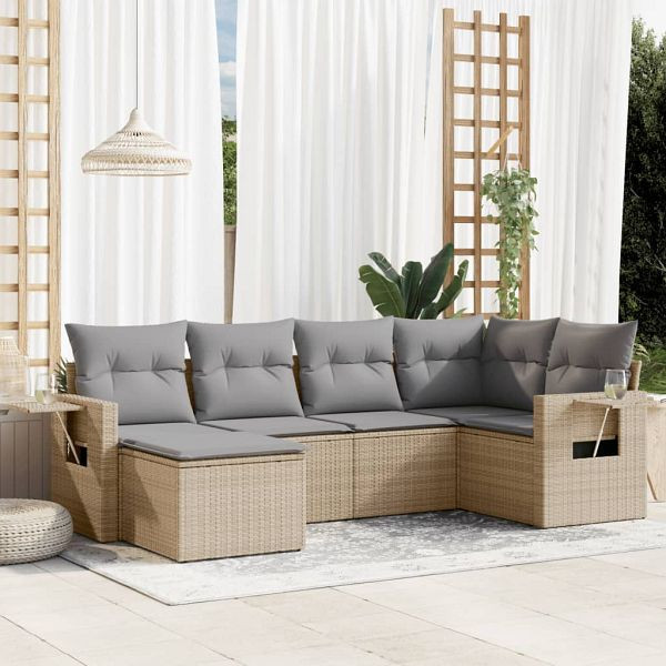 vidaXL 6-tlg. Garten-Sofagarnitur mit Kissen Beige Poly Rattan, 3252796