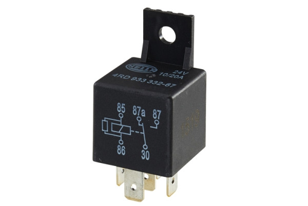 HELLA Relais, Arbeitsstrom, 24V, 5-polig, Schaltbild: W2, Stecker: B1, Öffner/Schließer/Wechsler, Farbe: schwarz, mit Halter, 4RD 933 332-671