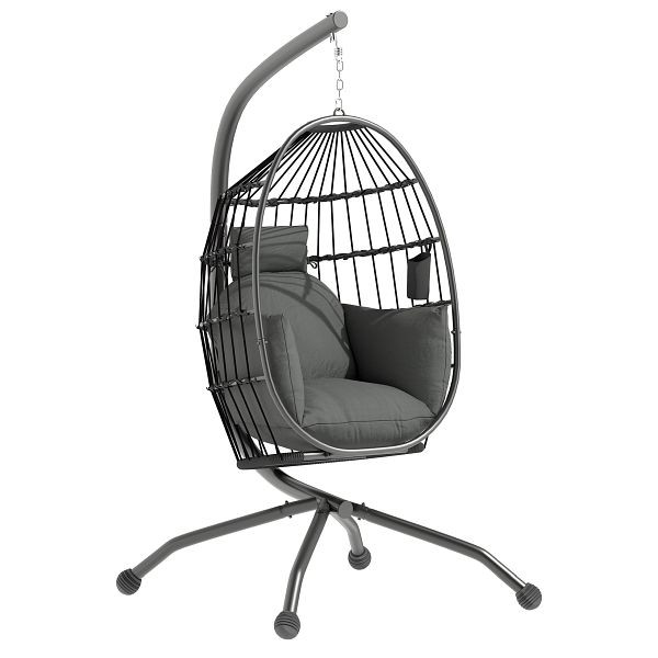 Outsunny Hängender Outdoor-Schaukelstuhl mit faltbarem Korbsitz und dicken Kissen, Ständer, Kopfstütze, Becherhalter, Schwarz, 84A-345V00BK