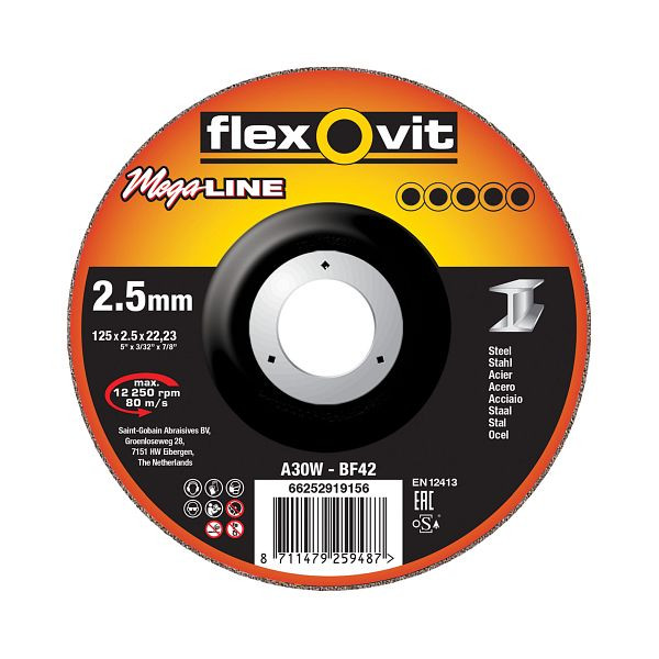 Flexovit Mega-Line für Winkelschleifer Metall, A 30 W-BF41 MEGA-LINE, Durchmesser: 125 mm, Stärke: 2,5 mm, VE: 25 Stück, 66252920009