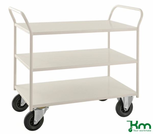 Kongamek Etagenwagen mit 3 Böden, vollständig geschweißt, 1080 x 450 x 975 mm, Weiß, 2 Bockrollen 2 Lenkrollen mit Bremse, KM4127B