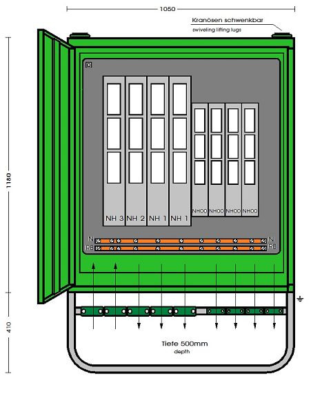 Elektra Tailfingen Hauptverteilerschrank 436 kVA mit 7 NH Abgängen, HV 630/421-LS, 183196