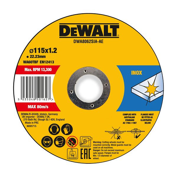 DeWalt High Performance Trennscheibe 115x1,2x22,23 mm Inox Typ 41 (flach), VE: 25 Stück, DWA8062SIA-AE