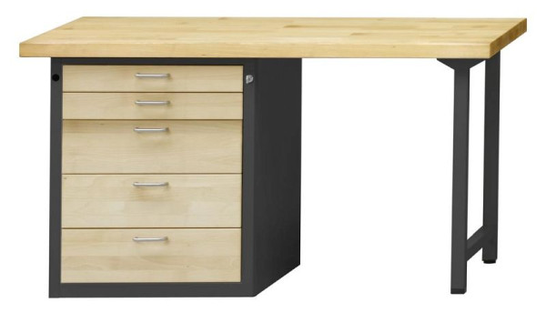 ANKE Werkbänke Kombiwerkbank; 1500x700x850mm; Buche-Massiv-Platte 50mm; Links Sockelschrank 660x615x800 mm, 5 Schubladen 90, 90, 180, 180, 180 mm, 420.038