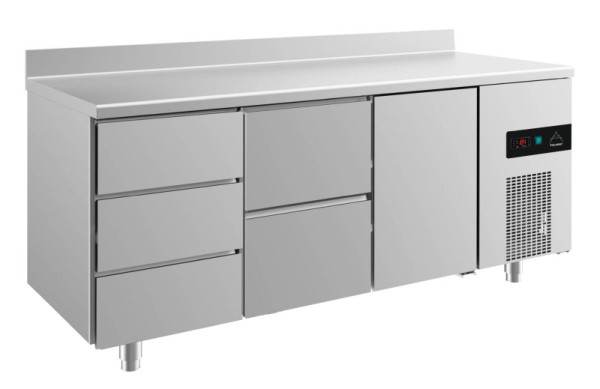 A&S Polarny Kühltisch -2 bis +8°C mit Tür, zwei Schubladen mittig-links und drei Schubladen links, 1865 x 700 x 850 mm, mit Aufkantung, KT3DZTA