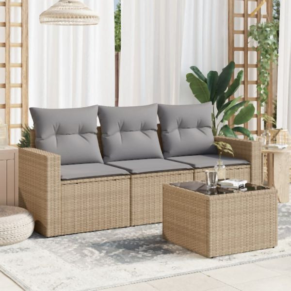 vidaXL 4-tlg. Garten-Sofagarnitur mit Kissen Beige Poly Rattan, 3251006