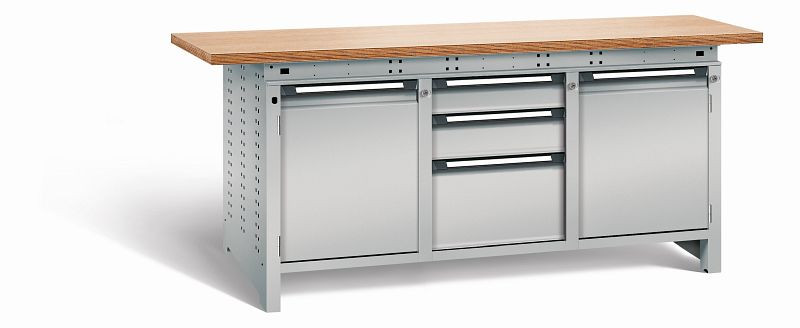 Otto Kind Werkbank Serie function Typ 310, Multiplexplatte 40 mm, überstehend, 2x Unterbau + mittleres Feld, komplett RAL 9006, 072365296