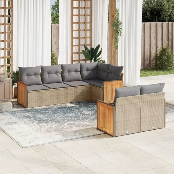 vidaXL 7-teilig Garten-Sofagarnitur mit Kissen Beige Poly Rattan, 3227823