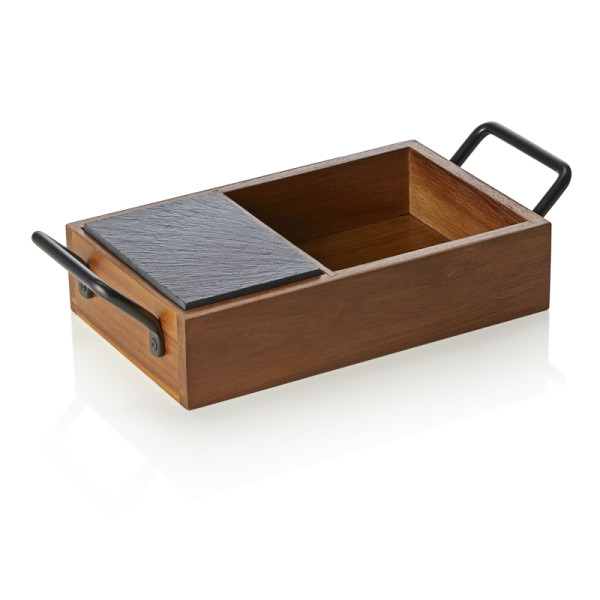 WAS Naturschieferplatten Set SLATE & SERVE, 24 x 15 x 5,5 cm, 3 Schieferplatten und Brot- und Butterkorb, Akazienholz, Naturschiefer, 3329024