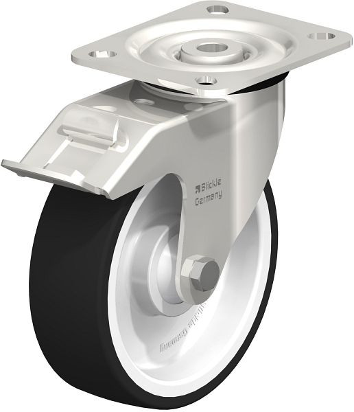 Blickle LX-POTH 125KD-FI Edelstahl-Lenkrolle, mittelschwere Ausführung, mit Anschraubplatte & Feststeller, Thermoplastisches Polyurethan, Grau, 761556