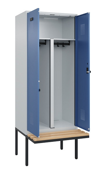 C+P PSA Doppel-Spind Evolo PLUS, Bank, 2 Abteile, 2120x800x815mm, 7035/5023, Drehriegel, Sitzfläche Holz, 0490427-22P S10008