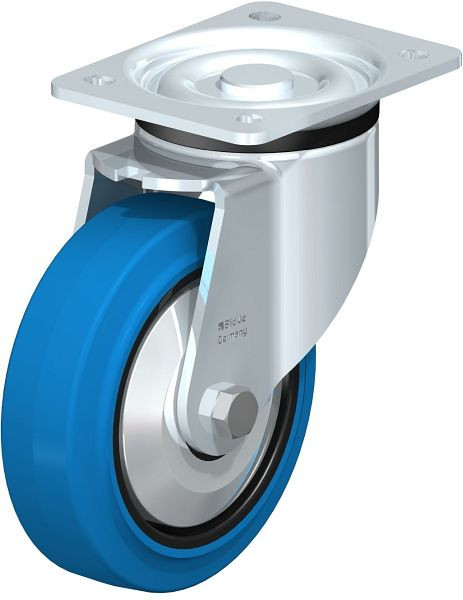 Blickle LK-POEV 160KD-SB-FA Stahlblech-Lenkrolle, schwere Ausführung, mit Anschraubplatte, Elastik-Vollgummi, Blau, 851233