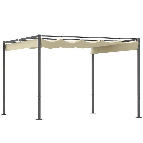 Outsunny 3 x 3 m Garten-Pergola mit einziehbarem Dach, Pavillon, Baldachin für Schatten, UPF30+, Beige, 84C-564V00BG