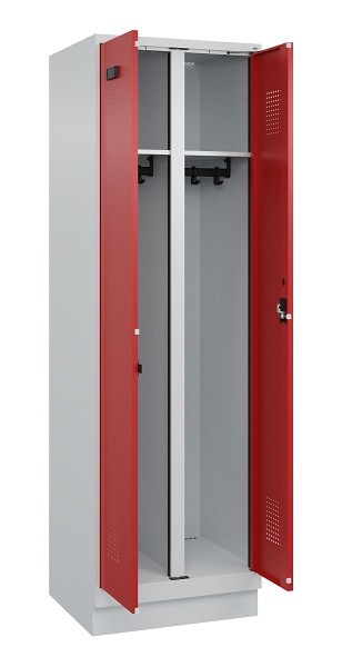 C+P Schwarz-Weiß-Spind Evolo PLUS, mit Sockel, 2 Abteile, 1950x600x500mm, 7035/3, Frontfarbe RAL 3000 feuerrot, Zylinderschloss, 049022-20 S10030