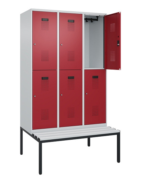 C+P Doppelstock-Spind Evolo PLUS, Bank, 6 Fächer, 2120x1200x815mm, 7035/3003, Zylinderschloss, Sitzfläche Kunststoff, Sitzbank, 0493507-32 S10112