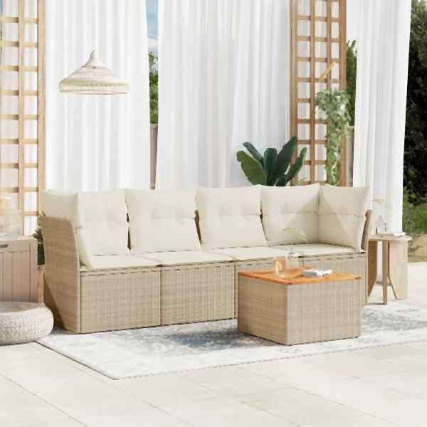 vidaXL 5-tlg. Garten-Sofagarnitur mit Kissen Beige Poly Rattan, UV-beständig, 3255806