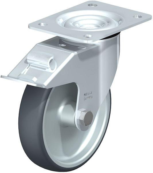 Blickle LE-TPA 160G-FI Stahlblech-Lenkrolle mit Anschraubplatte & Feststeller, Thermoplastisches Gummi-Elastomer, Grau, 757039