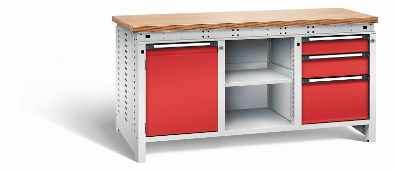 Otto Kind Werkbank Serie function Typ 307, Multiplexplatte 40 mm, bündig, 2x Unterbau + mittleres Feld, Gehäuse RAL 7035, Front RAL 3000, 072362134