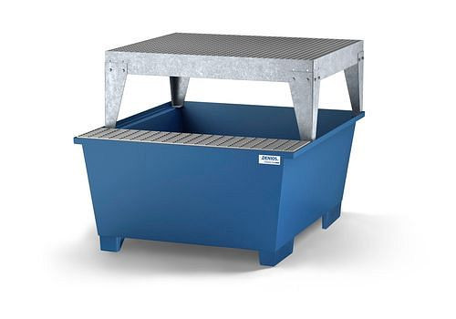 DENIOS Auffangwanne classic-line für 1 IBC, blau lackiert, Abfüllbereich und Abfüllbock, 259385