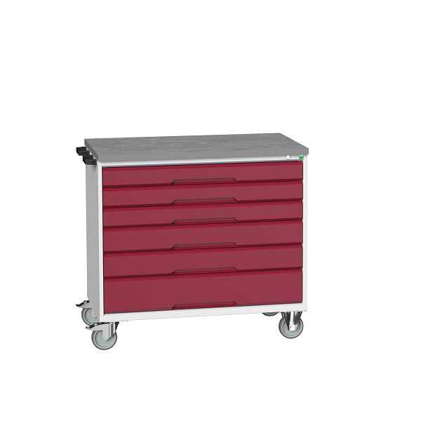 bott verso mobiler Schubladenschrank, mit 6 Schubladen und Linoleum-Top, BxTxH: 1050 x 600 x 980 mm, Lichtgrau / Purpurrot, 16927053.24