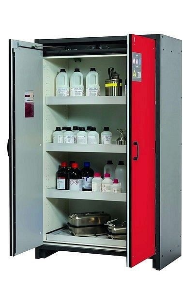 asecos Sicherheitsschrank Q-CLASSIC-30, Q30.195.116 in verkehrsrot RAL 3020 mit 3x Wannenboden Standard (Stahlblech), 31003-066-30007