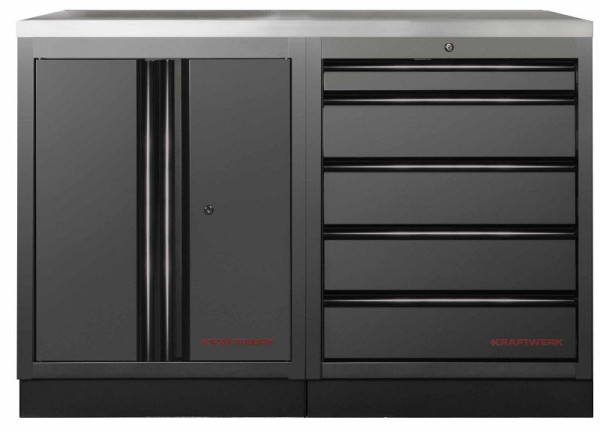 Kraftwerk MOBILIO BLACK EDITION 2er Unterschrank-Kombi, 5 Schubladen, 1 Schrank, Arbeitsplatte Edelstahl, 3964K-BLK-018-IX