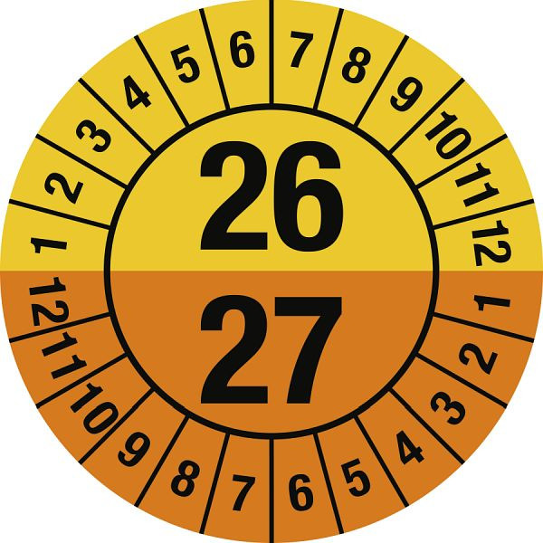 Moedel Prüfplakette 2026 - 2027 mit Monaten, Dokumentenfolie, Ø 30 mm, VE: 10 Stück/Bogen, 107107