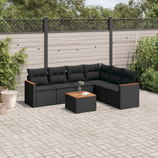 vidaXL 7-teilig Garten-Sofagarnitur mit Kissen Schwarz Poly Rattan, 3226006