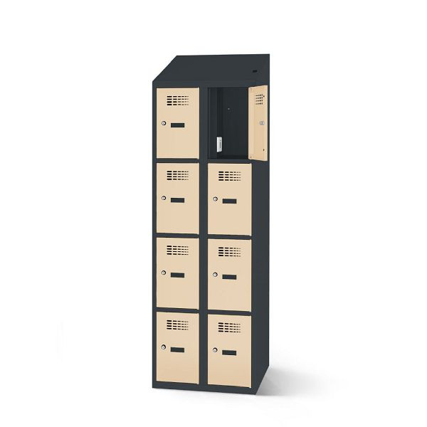 Rotstahl Fächerschrank, 8 Fächer, Stollenfüße, mit Ladefunktion, Schrägdach, Korpus: anthrazitgrau, Türen: hellelfenbein, 2180-020400-0602112-7016-1015