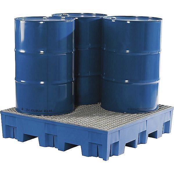asecos PE-Auffangwanne für 4 x 200-l-Fässer, Maße 1235 x 1235 mm, Auffangvolumen 255 l, mit verzinktem Stahlgitter, 31861