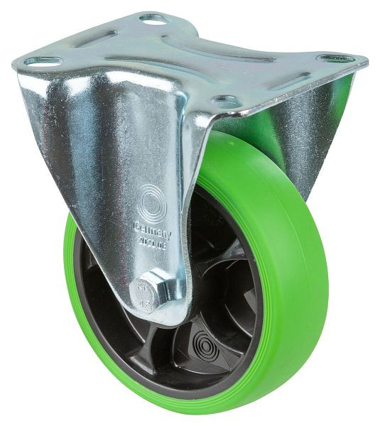 BS Rollen Transportrolle Bockrolle, thermoplastisches Gummirad, Reifen grün, Rollenlager, Platte, Durchmesser: 100 mm, VE: 4 Stück, L410.B44.101.04