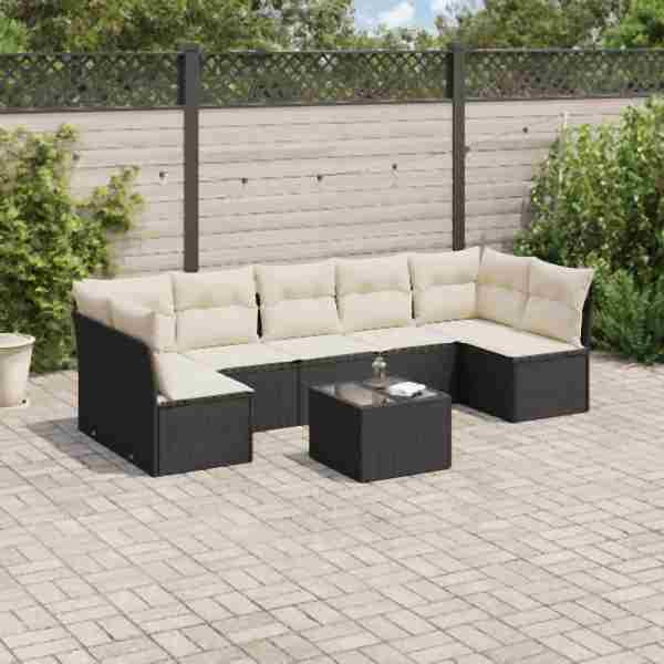 vidaXL 8-tlg. Garten-Sofagarnitur mit Kissen Schwarz Poly Rattan, UV-beständig, 3217436