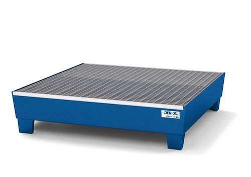 DENIOS Auffangwanne classic-line für 4 Fässer, Stahl blau lackiert, Füße und Gitterrost, H 290 mm, 259320