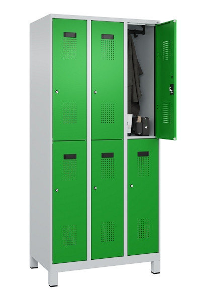 C+P Doppelstöckiger Spind Evolo PLUS, mit Füßen, 6 Fächer, 1950x900x500mm, 7035, Frontfarbe RAL 6037 Reingrün, Zylinderschloss, 049310-30 S10038